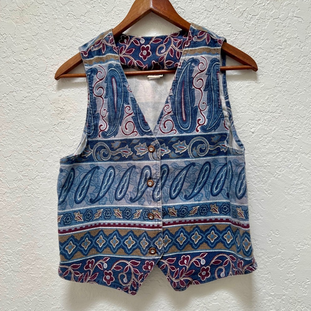 Vivaldi Jeanswear‎ Vintage Paisley Floral Cotton Vest Blue Burgundy M 90s USA